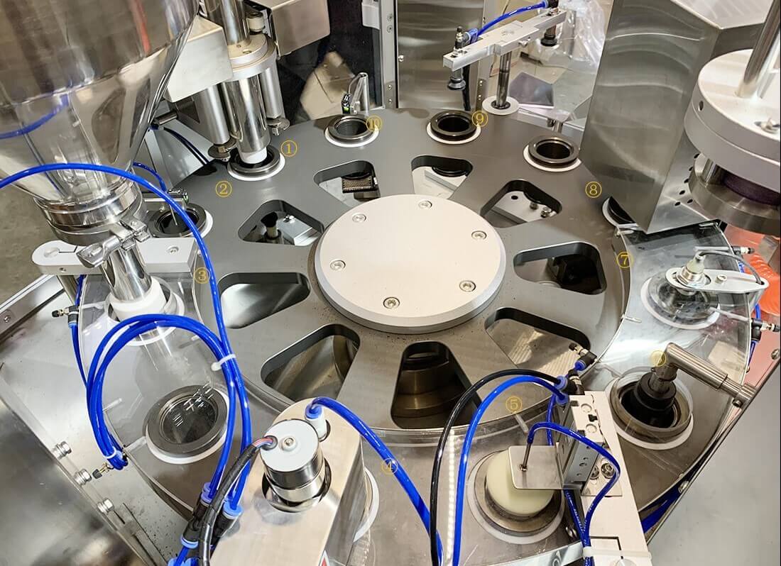 Figure 2, internal components of coffee capsule filling sealing machinee