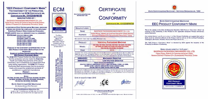 Certificate of bagger packaging machine factory