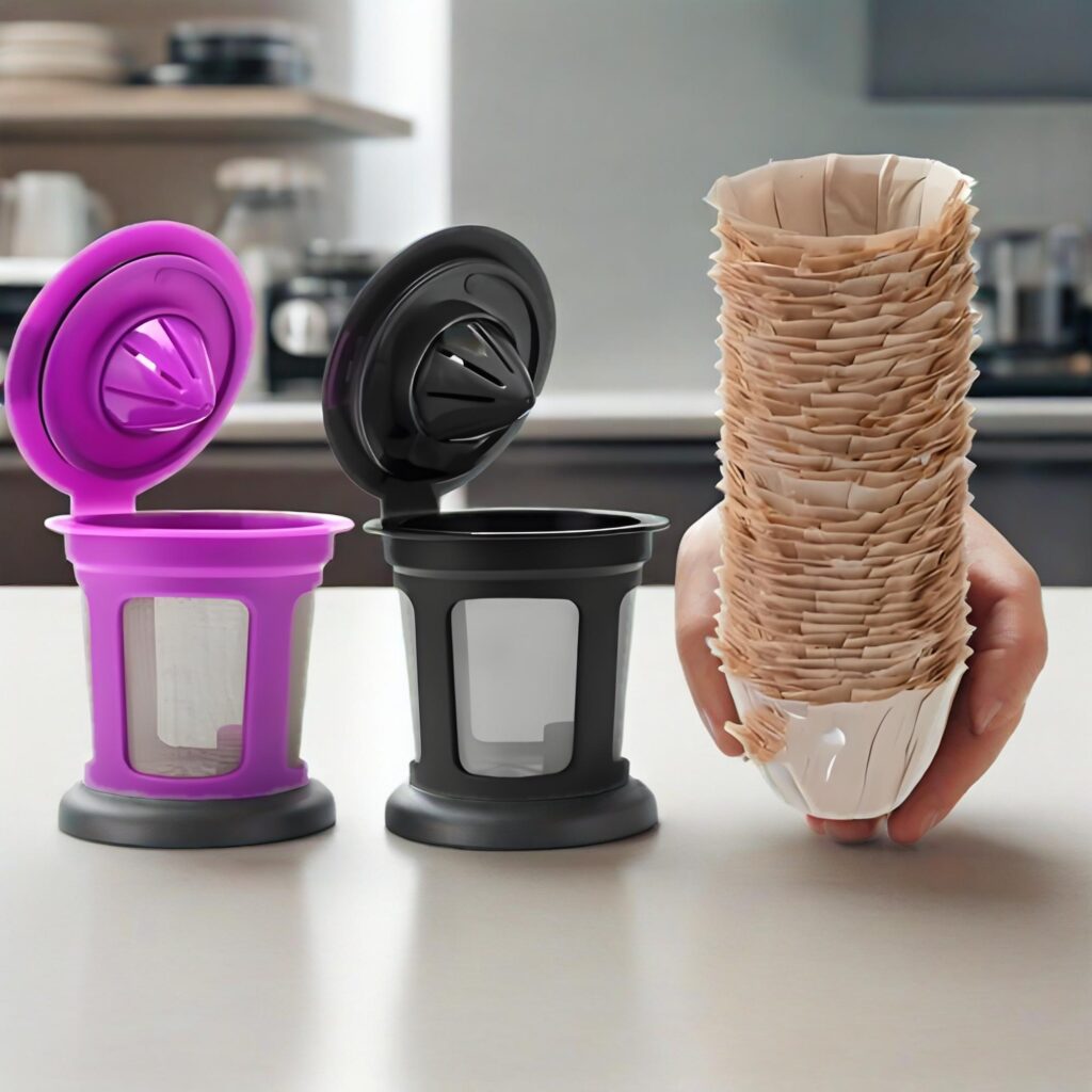 Single Use vs Reusable K-Cups Single-use K-Cup pod next to a reusable K-Cup filter