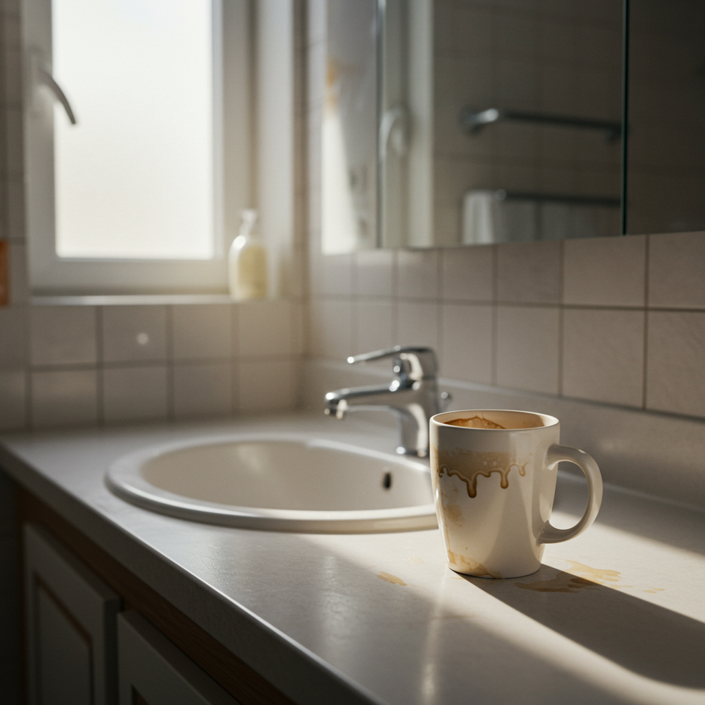 hygiene and coffee cup in bathroom