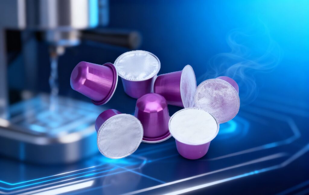 Nespresso -Kapseldetailsuminium-Nespresso-kompatiblen Kapsel A close-up of an aluminum Nespresso compatible capsule