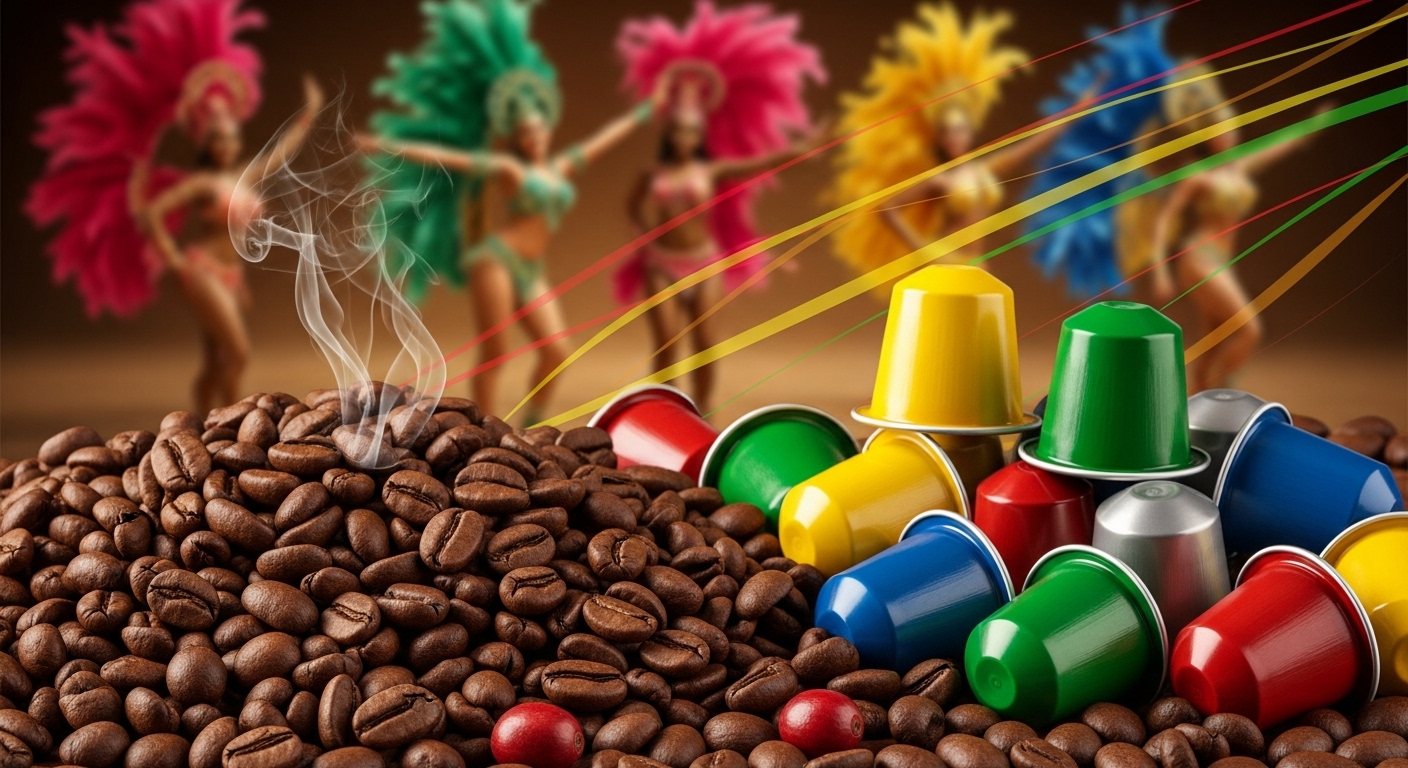 Ein lebendiges Bild brasilianischer Kaffeebohnen neben bunten Kaffeekapseln, mit einem verschwommenen Hintergrund, der an Samba-Tänzer erinnert.
