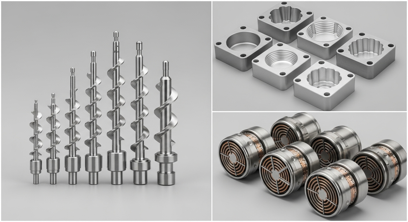 Eine Fotocollage, die verschiedene kundenspezifische Teile einer Abfüllmaschine zeigt: Schnecken, Kapselformen und Siegelköpfe.