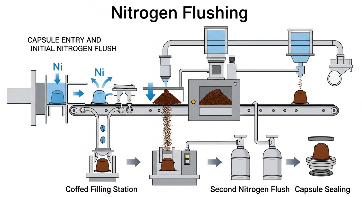 Ein Diagramm, das den Prozess der Stickstoffspülung in einer Abfülllinie für Kaffeekapseln zeigt.
