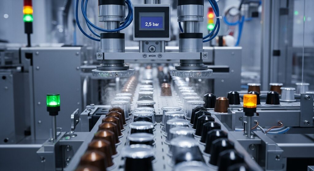 Optimaler Siegeldruck an einer Produktionslinie für Kaffeekapseln