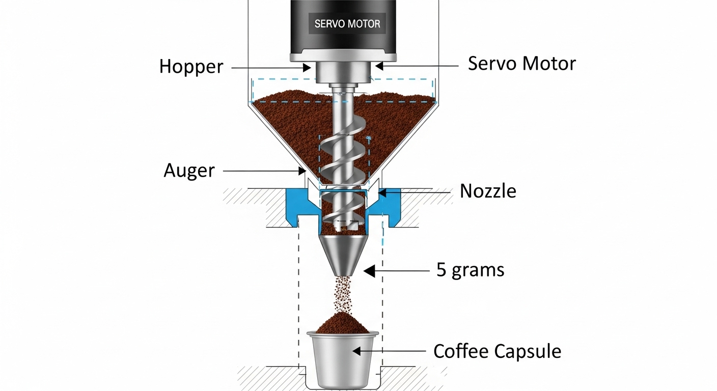 Eine Nahaufnahme eines servoangetriebenen Schneckenfüllers, der Kaffeesatz präzise in eine Kapsel dosiert.