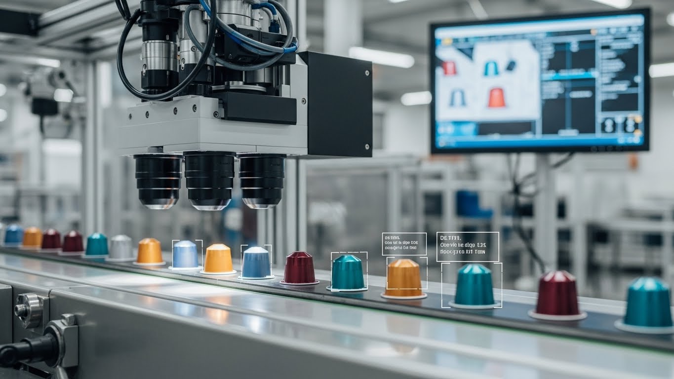 An advanced vision system camera inspecting coffee capsules on a conveyor belt.