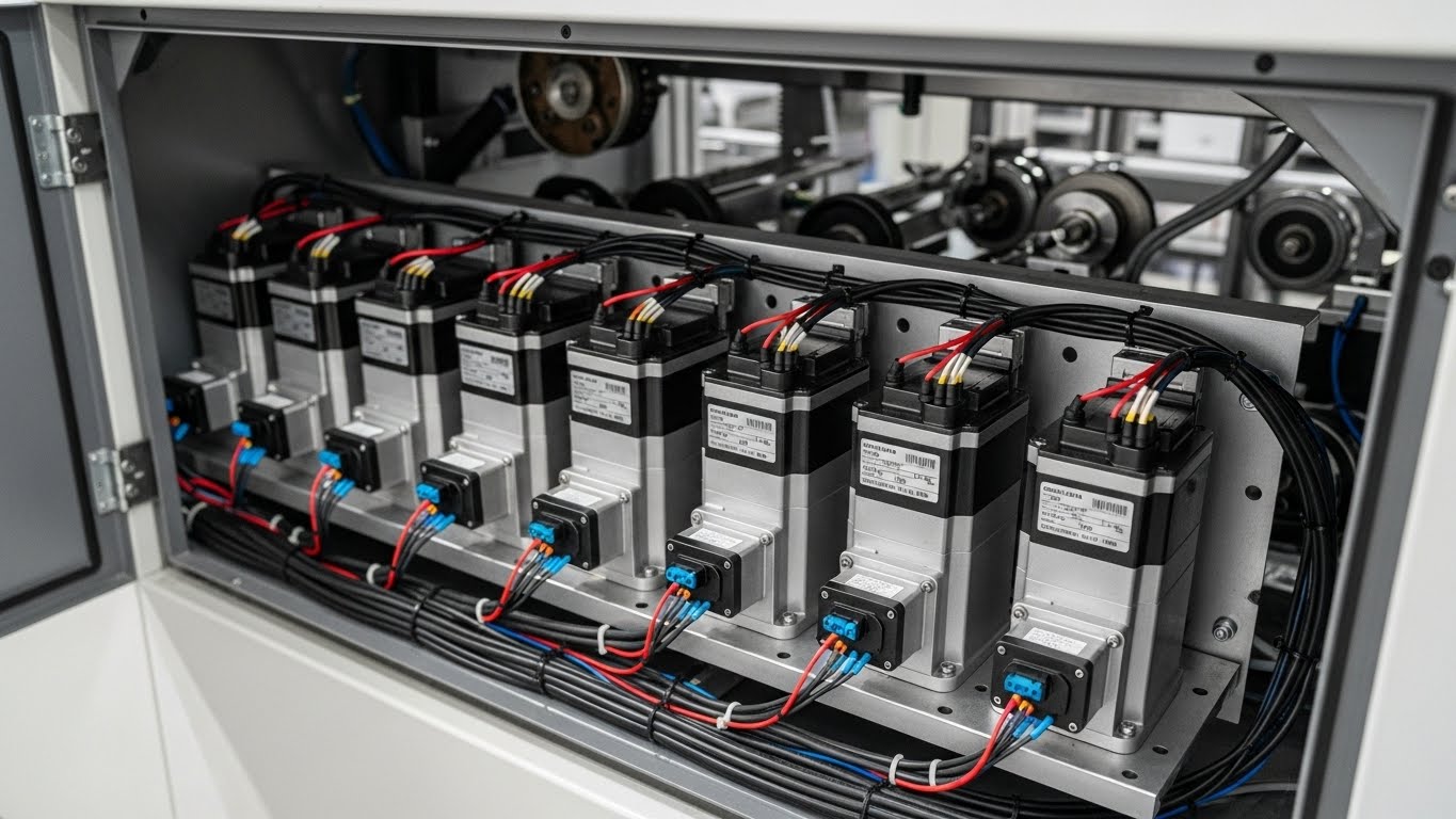 A close-up shot of servo motors within a packaging machine